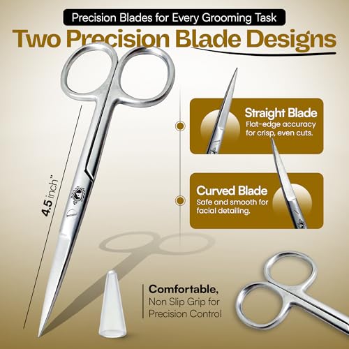 Krisp Beauty Stainless Steel Grooming Scissors Set - 4.5" Facial Hair, Nail & Cuticle Trimming Kit