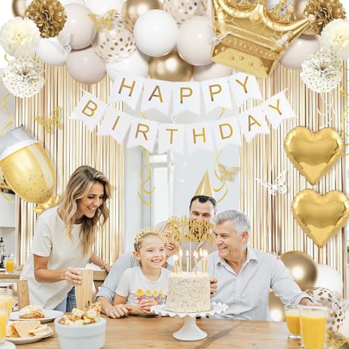 Gold and White Birthday Party Decorations Set | 105 pcs Foil Balloons, Banner, Paper Pompoms & More