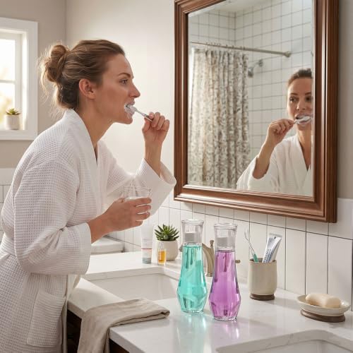 Mouthwash Dispenser Set - Glass Bottle Holder with Cup, 8.8 oz