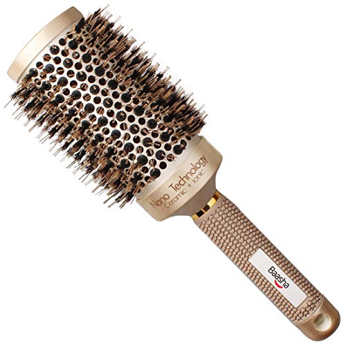 Baasha Large Round Hair Brush with Boar Bristles - 3 Inch Vented Ceramic Barrel for Long Hair