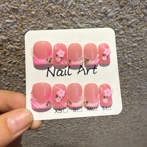 Meemooron Short Square Press on Nails - Pink French Tip with 3D Flower & Rhinestones