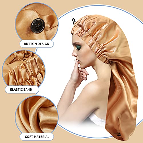 Large Satin Hair Braid Bonnet - Foldable Long Sleep Cap for Women, Black & Khaki, 2 Pack