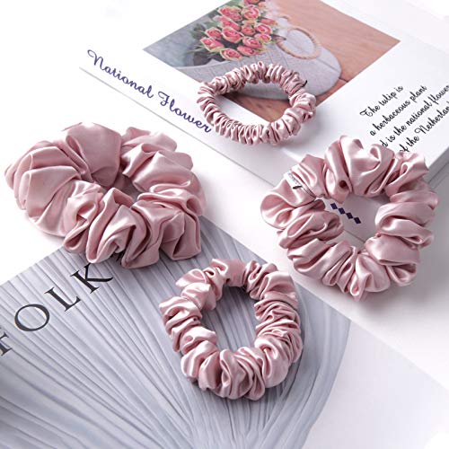 MTSNOO 22 Momme Mulberry Silk Scrunchies for Hair - 4 Pack, Rosy Pink