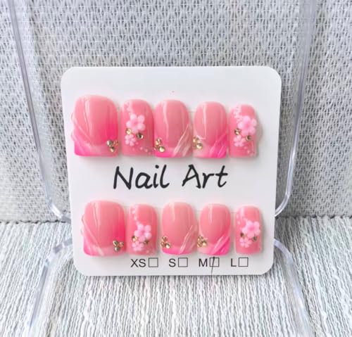 Meemooron Short Square Press on Nails - Pink French Tip with 3D Flower & Rhinestones