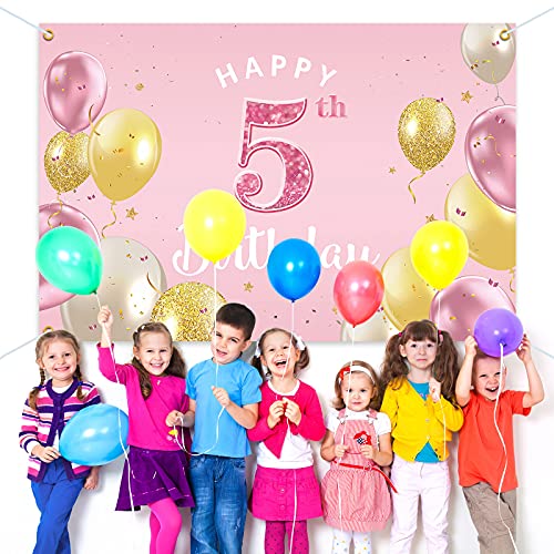 Happy 5th Birthday Banner - Pink Party Backdrop 3.9x5.9ft