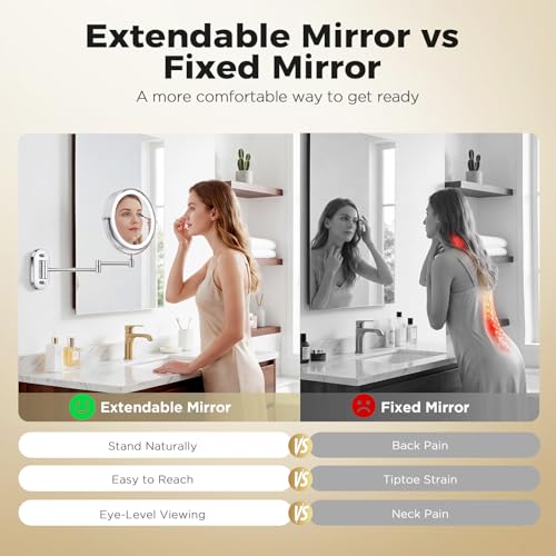 Wall Mounted Makeup Mirror with Light, 8 Inch 1X/30X Magnifying Mirror, Rechargeable 4000mAh, Double Sided, Extendable Arm, 360¡Æ Swivel Bathroom Mirror