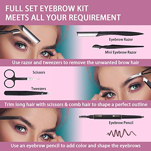 6-in-1 Eyebrow Grooming Kit with Tweezer, Razor, Brush, Scissors & Pouch