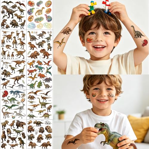 Dinosaur Temporary Tattoos for Kids - 10 Sheets of Fun Designs
