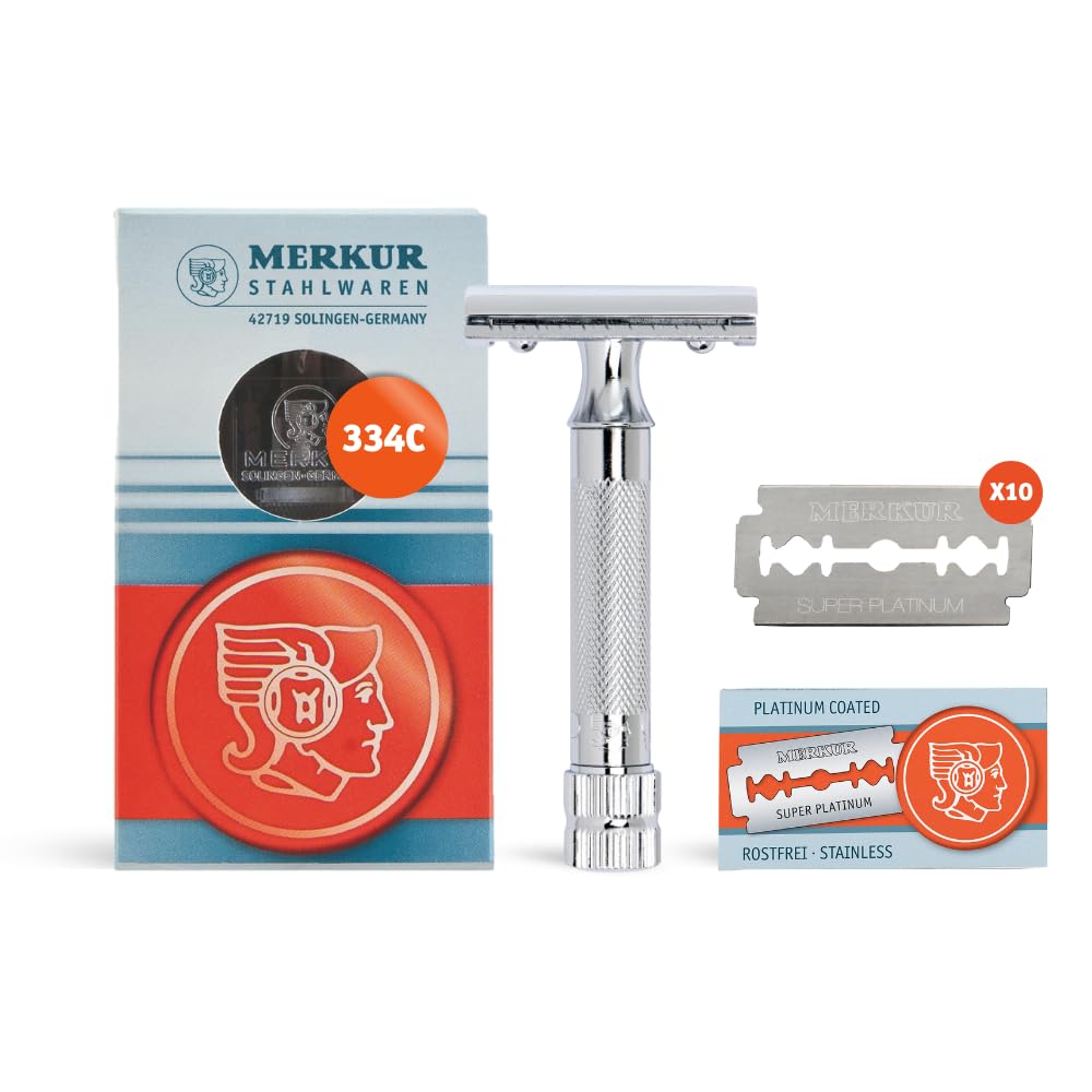MERKUR 34C Short Handle Heavy Duty Classic Safety Razor Set with 10 Blades In A Box