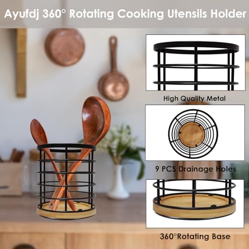 360° Rotating Black Kitchen Utensil Holder - Large 5.2" x 6" Caddy