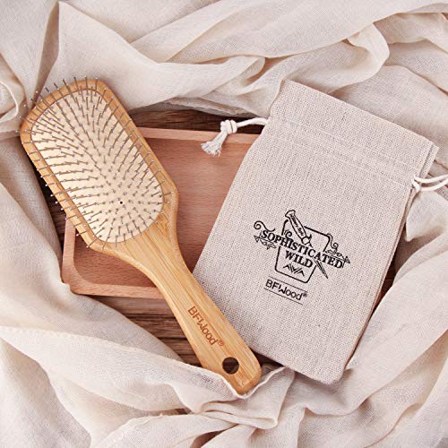 BFWood Bamboo Hair Brush with Metal Bristles for Detangling and Scalp