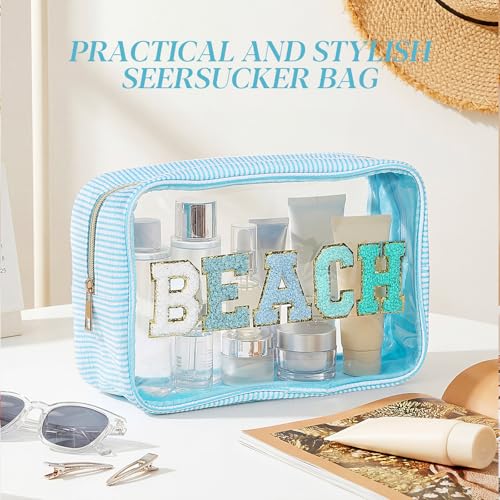 Sanwuta Seersucker Beach Bag 26x16x9cm Blue Large Travel Toiletry Organizer