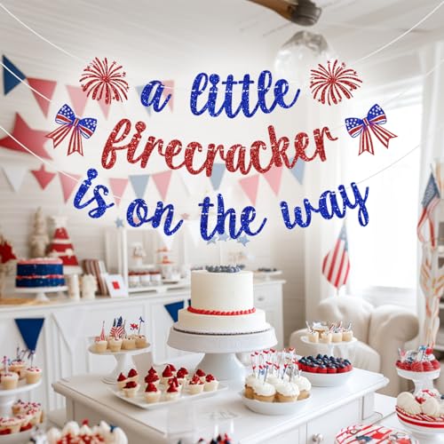 A Little Firecracker Is On The Way Banner - 4th of July Baby Shower Decoration
