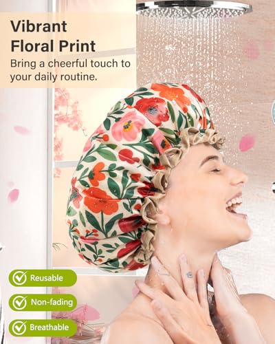 mikimini Reusable Waterproof Shower Cap for Women - Medium, Floral, Pack of 2, Spring Design