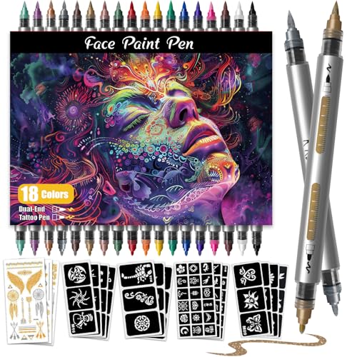 K KERNOWO Multicolour Water Resistant Face Paint & Tattoo Pen 18Pcs Set