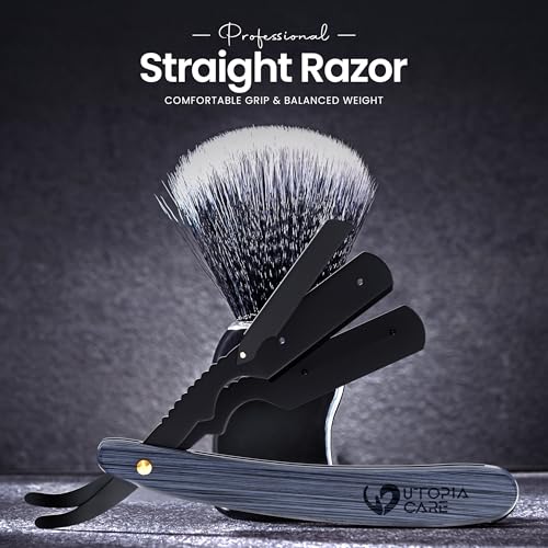 Utopia Care Black Straight Razor for Men with Wooden Handle & 100 Blades, Professional Barber Shaving Kit