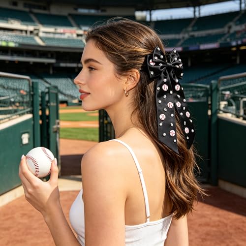 NVENF Rhinestone Baseball Hair Bow Clip - Large Satin Game Day Accessory