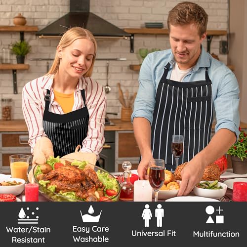 2 Pack Adjustable Striped Kitchen Apron with 3 Pockets