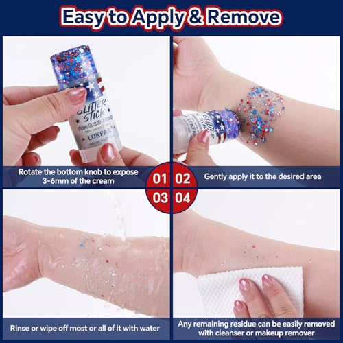LYRADEW Patriotic Flag Body Glitter Stick for 4th of July - Red, White & Blue