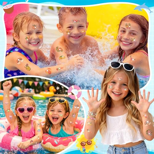 120 Glitter Summer Temporary Tattoos for Kids - Pool Party Favors