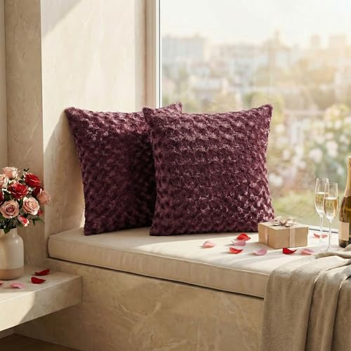 FUTEI Pack of 2 Burgundy Rose Textured Throw Pillow Covers 18x18