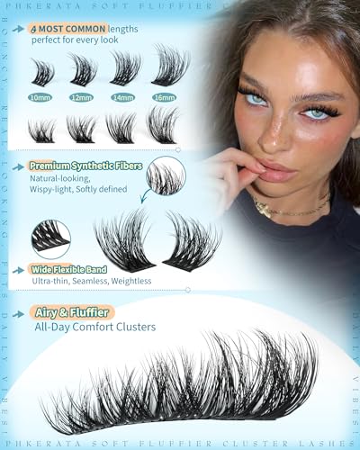 PHKERATA DIY Lash Extension Kit - 144pcs Fluffy C Curl Cluster Lashes