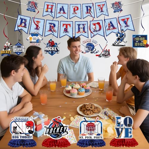 Hockey Birthday Party Decorations Set - 14Pcs Banner & Centerpieces