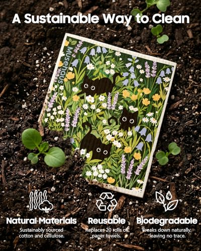 5 Pack Reusable Swedish Dishcloths - Cat in Flowers Design