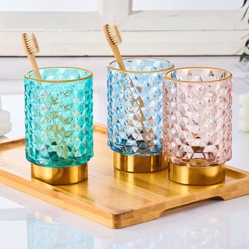 Pink Multifunctional Glass Brush Holder & Toothbrush Cup with Gold Base