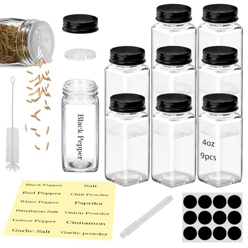 9-Piece Square Glass Spice Jars Set with Labels & Shaker Lids