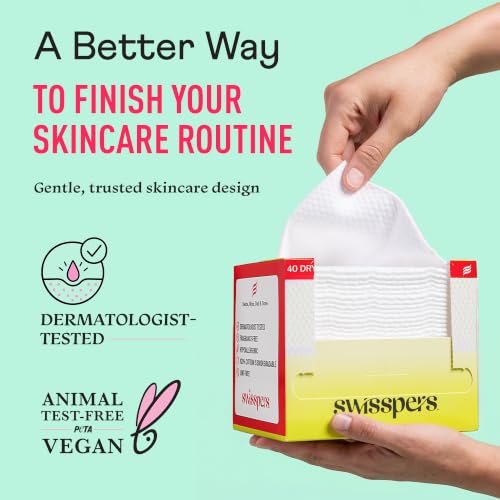 Swisspers Premium 100% Cotton Dry Facial Wipes - Hypoallergenic & Vegan, 40 Count
