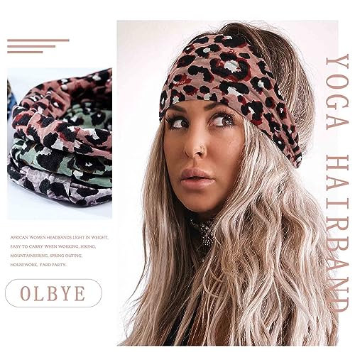 Olbye Leopard Turban Headband - Wide Boho Non-Slip Yoga Hair Wrap (H-Leopard)