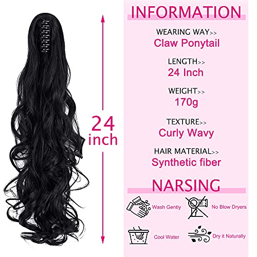 OMGREAT 24 Inch Dark Black Curly Ponytail Extension - Claw Clip