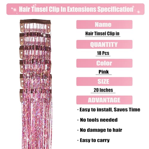 Aokomisu 18Pcs Pink 20 Inch Clip-In Hair Tinsel Extensions for Girls & Women
