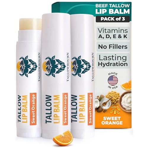 Moisturizing Tallow Lip Balm ? Grass-Fed Beef Tallow with Organic Coconut Oil, Beeswax, and Vitamin E ? Sweet Orange ? Lip Balm Set ? Travel Essential ? 3-Pack