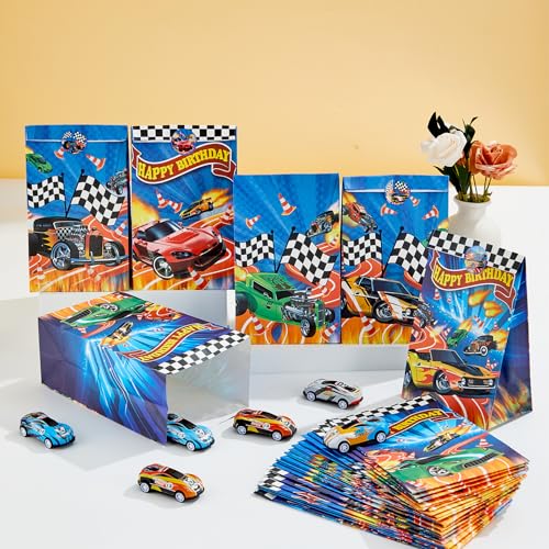 24 Race Car Party Favor Bags with Stickers - Blue Racing Theme