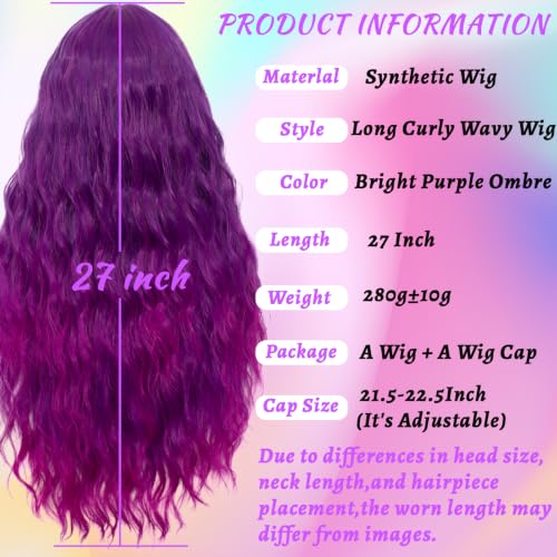 WGPFWIG Bright Purple Ombre Wig 27'' Curly Heat-Resistant Synthetic, Cap Included