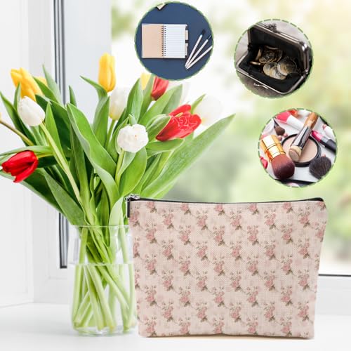 4pcs Vintage Rose Floral Makeup Bag - Linen Cosmetic Travel Pouch