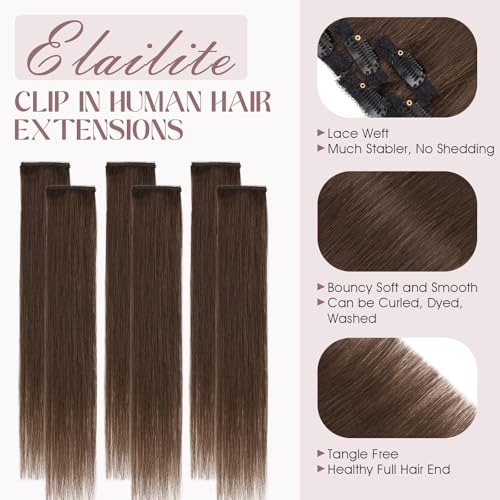 Elailite Dark Brown 10 Inch Short Clip-In Human Hair Extensions 6PCS, Natural Volume & Blends Well