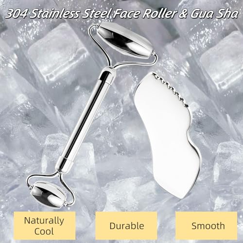 Tileu Stainless Steel Face Roller & Gua Sha Tool Set - Anti-Aging