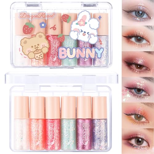 MooGlamor 6 Pcs Liquid Glitter Eyeshadow Set Waterproof Long-Lasting Transparent Bear