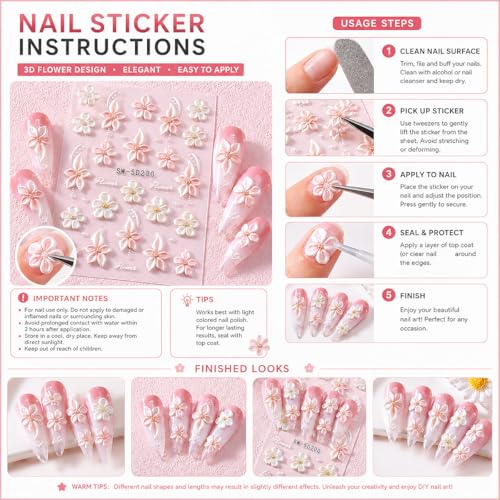 5D Embossed Flower Nail Stickers with Pearl Gems for Nail Art