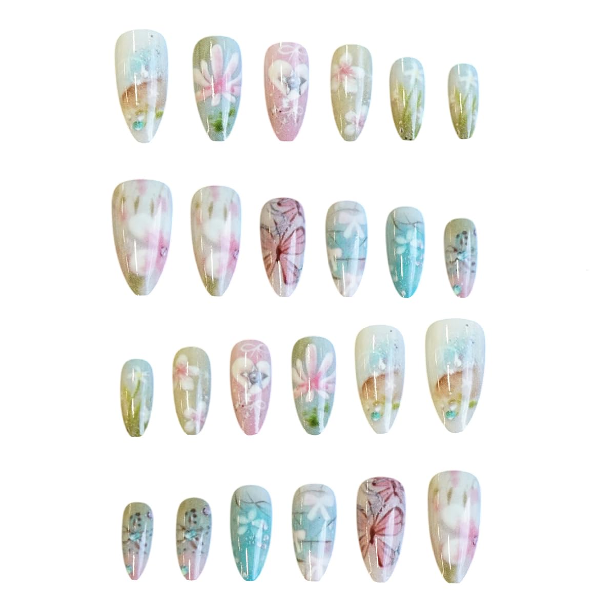 24Pcs Summer Flower Press on Nails Medium Almond Fake Nails Cute Floral Butterfly Stick on Nails Reusable Acrylic False Nails with Designs Spring Glue on Nails for Women Girls Nail Art Decoration