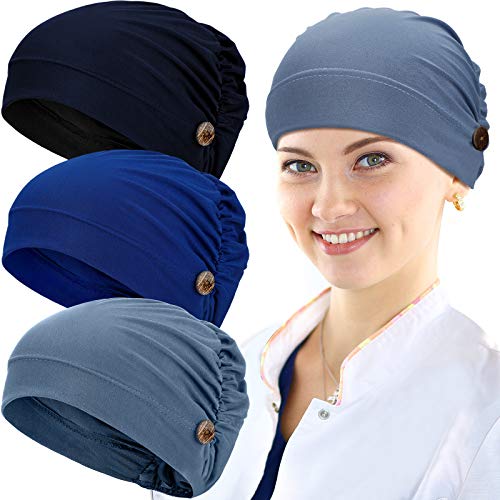 Geyoga 3 Pcs Bouffant Caps with Buttons - Navy Blue, Royal Blue, Blue | Unisex Medical Headwear