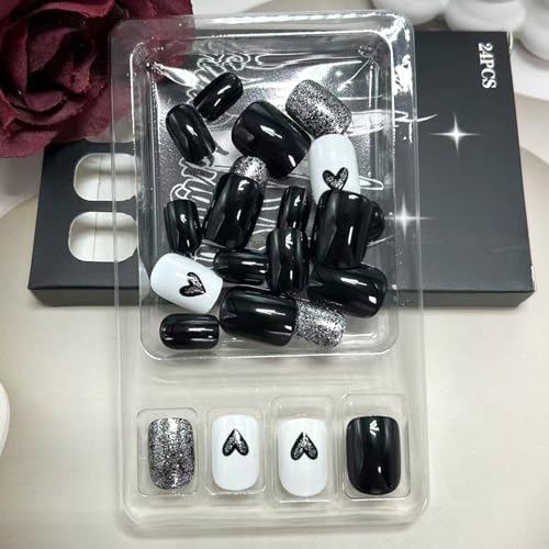 Vopintpy Valentines Press on Nails 1940 - Short Square Silver Glitter Fake Nails for Women, Romantic DIY Manicure