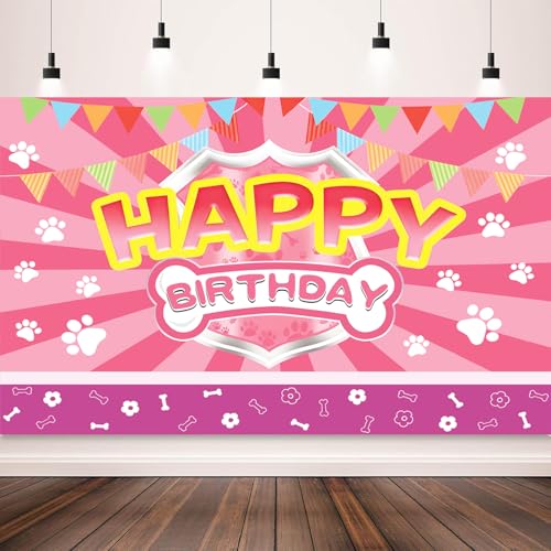 Happy Birthday Banner with Pink Paw Prints - 59x43 Inches