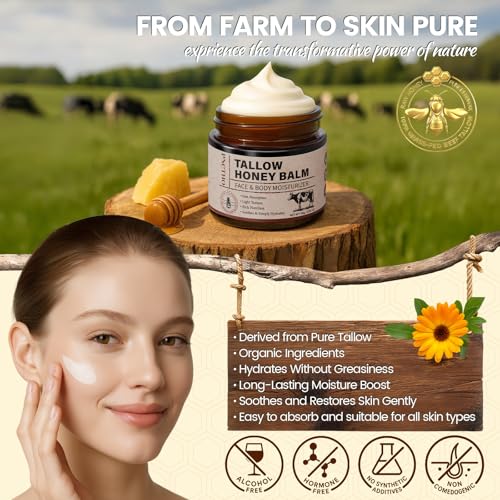 Beef Tallow Balm with Raw Honey – Deep Moisturizer for Face & Body 2.1 OZ