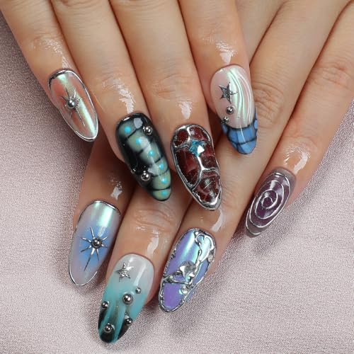OCOUYVD Gothic Almond Press On Nails M - Silver Steel 3D Ball Fake Nails