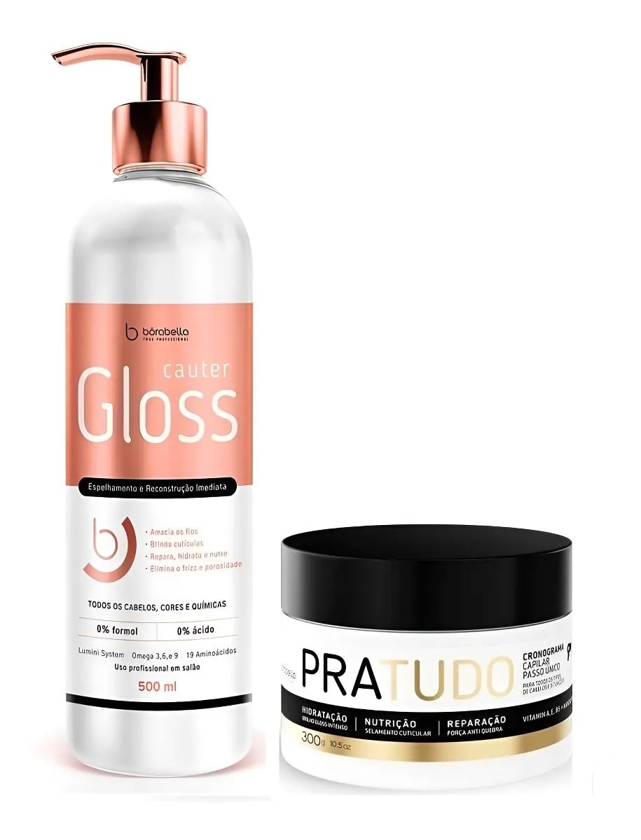Cauter Gloss and PraTudo Professional Hair Treatment Kit, Mirror Shine Gloss 16.9 oz, Deep Repair Mask 10.5 oz, Borabella,Formaldehyde-Free