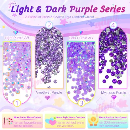 qiipii Light Purple Dark Purple Series Resin Rhinestones for Crafts & Nail Art 3mm-5mm